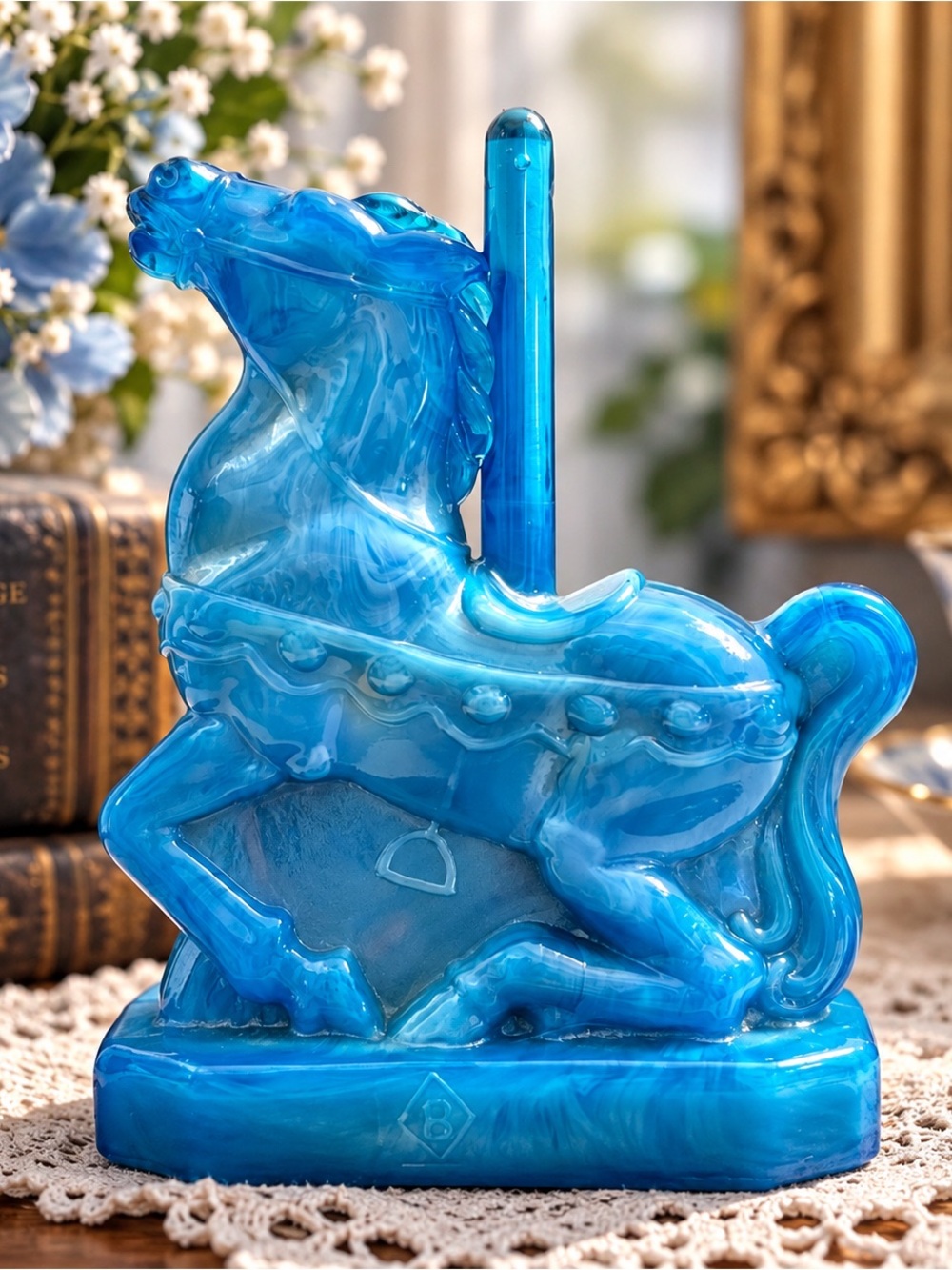 Vintage Boyd Glass Taffy Carousel Horse Blue Slag Art Glass Figurine